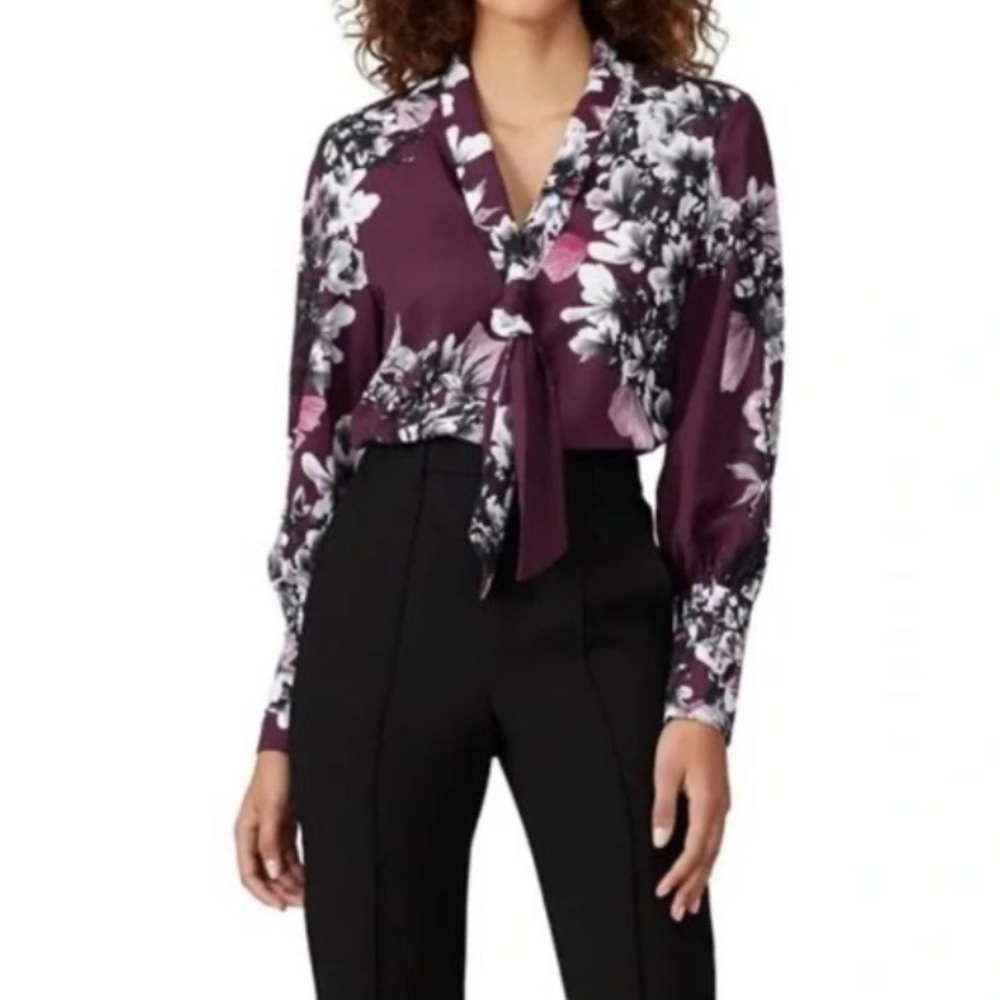 Natori Secretary Bow Floral Tie Neck Blouse 13525
